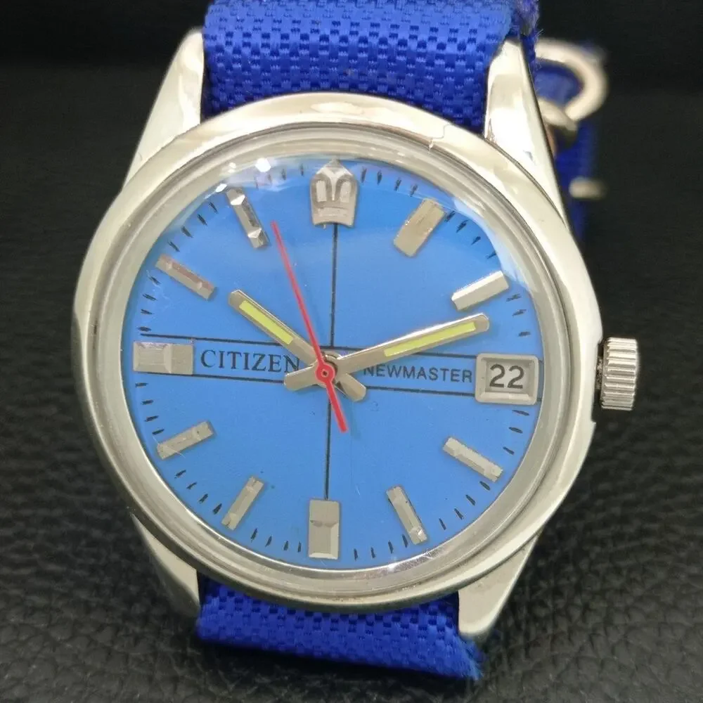 Vintage 1974 Citizen Manual Wound Mens Silver Watch W/Date & Blue accents